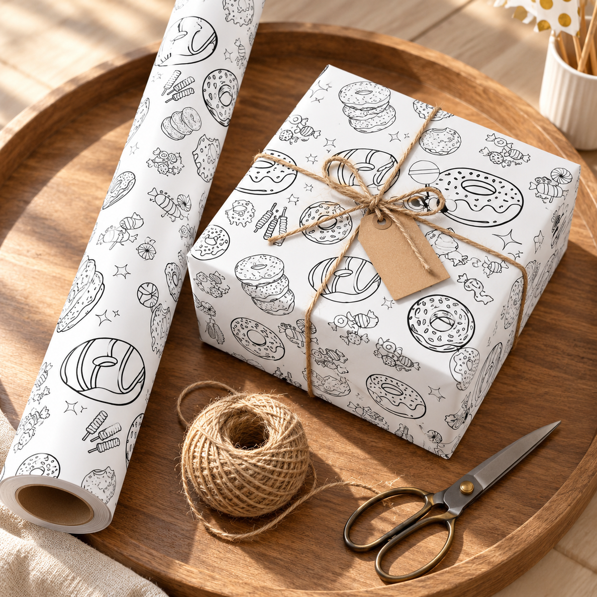 Sugar Rush Sketch — Donut & Candy Coloring Wrapping Paper