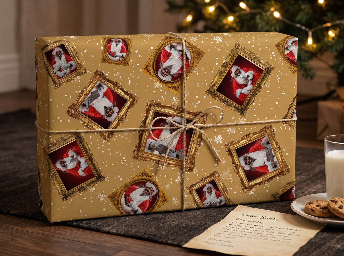 Portrait of Black Santa — Gold Frame Wrapping Paper