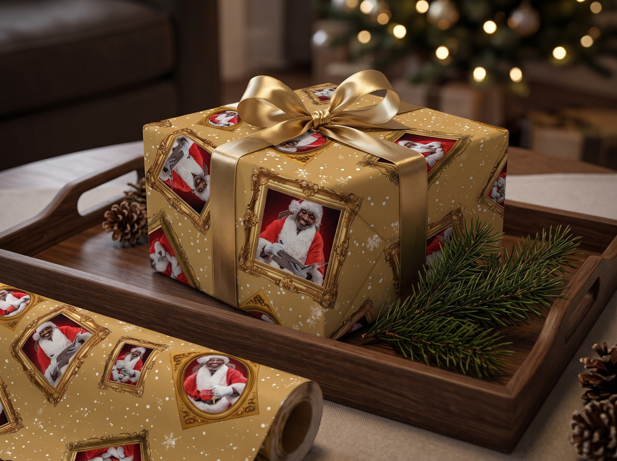 Portrait of Black Santa — Gold Frame Wrapping Paper