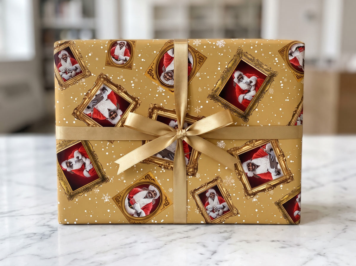 Portrait of Black Santa — Gold Frame Wrapping Paper