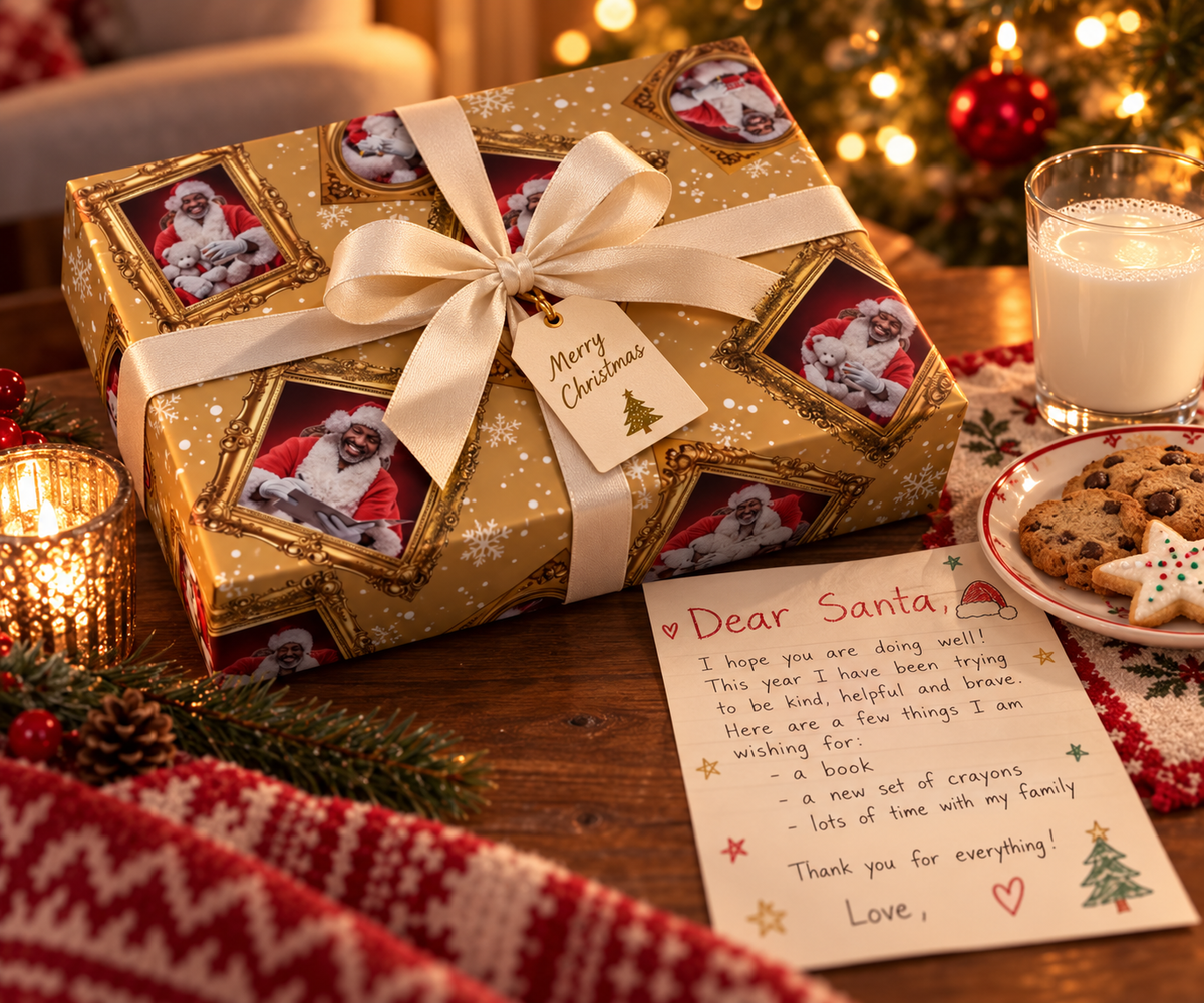 Portrait of Black Santa — Gold Frame Wrapping Paper