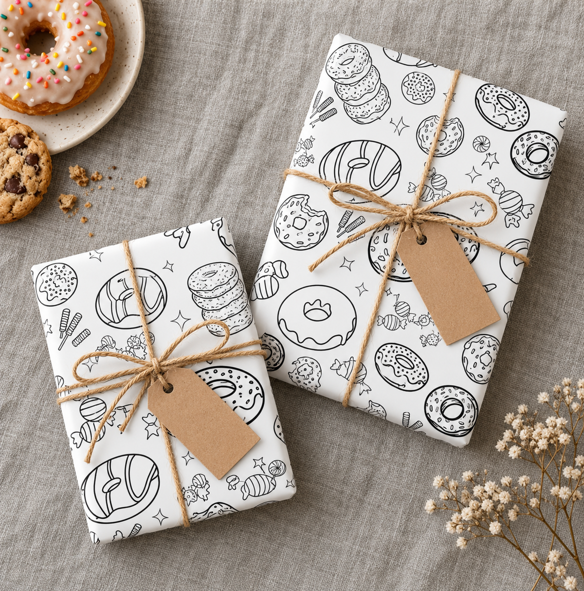 Sugar Rush Sketch — Donut & Candy Coloring Wrapping Paper