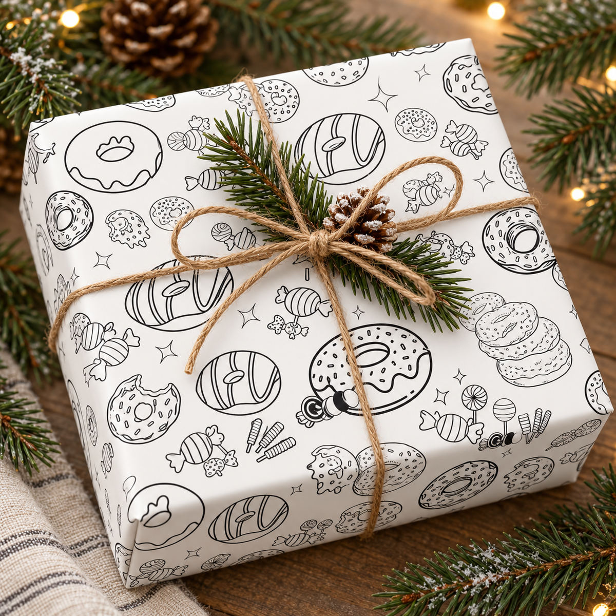Sugar Rush Sketch — Donut & Candy Coloring Wrapping Paper
