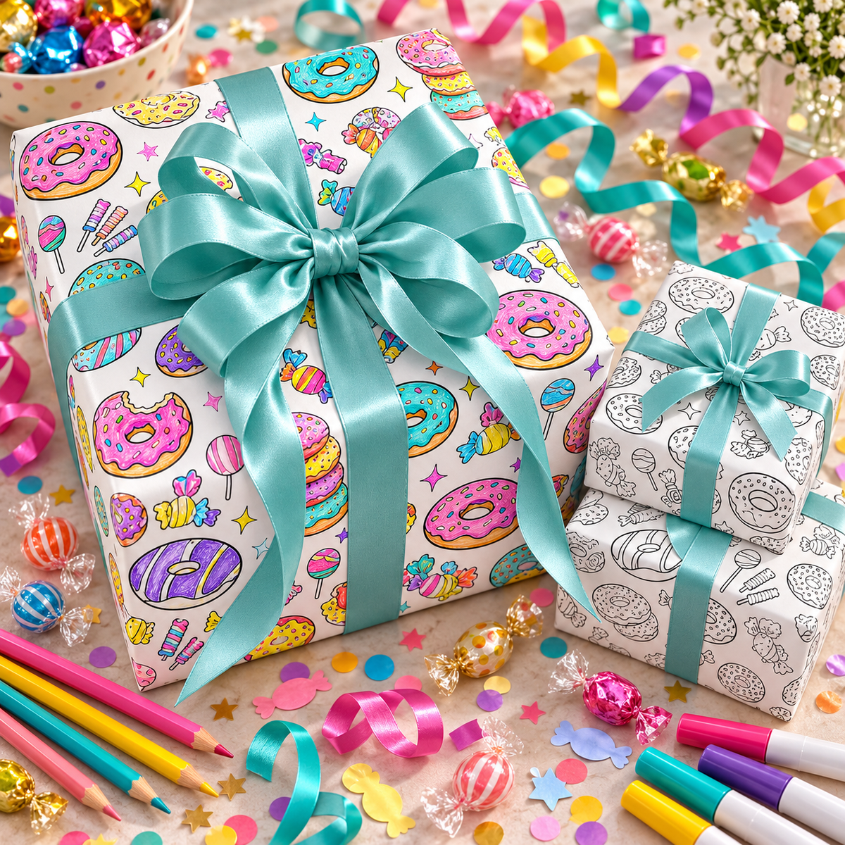 Sugar Rush Sketch — Donut & Candy Coloring Wrapping Paper