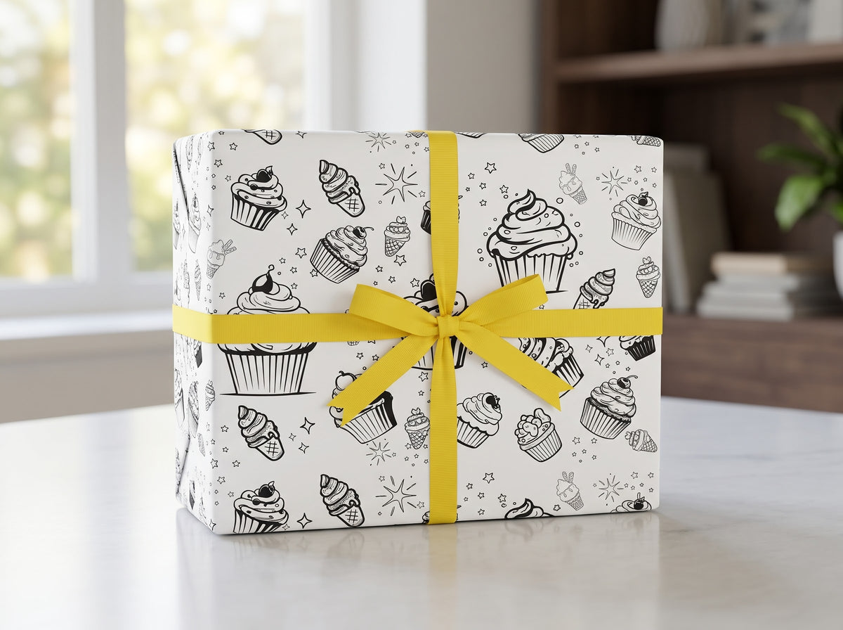 Sweet Treats Sketch — Cupcake & Ice Cream Coloring Wrapping Paper
