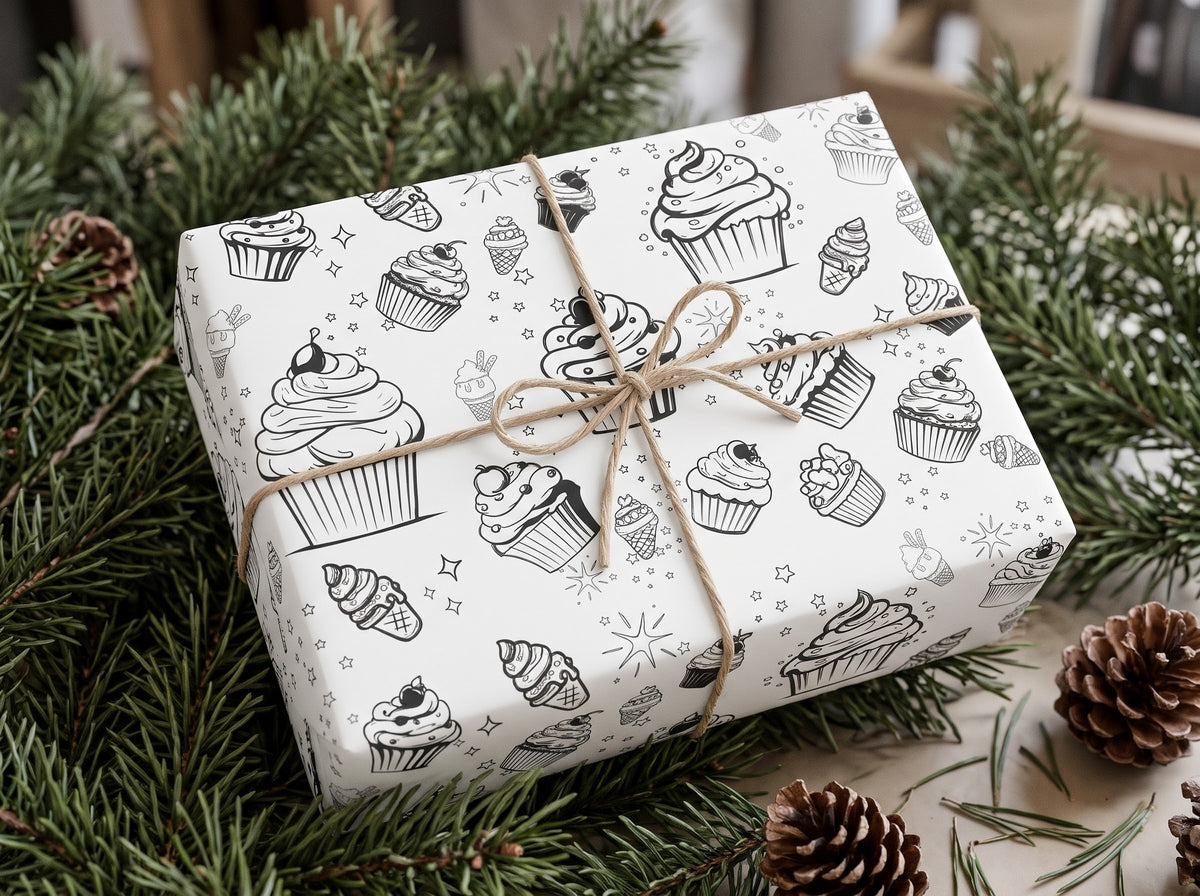 Sweet Treats Sketch — Cupcake & Ice Cream Coloring Wrapping Paper