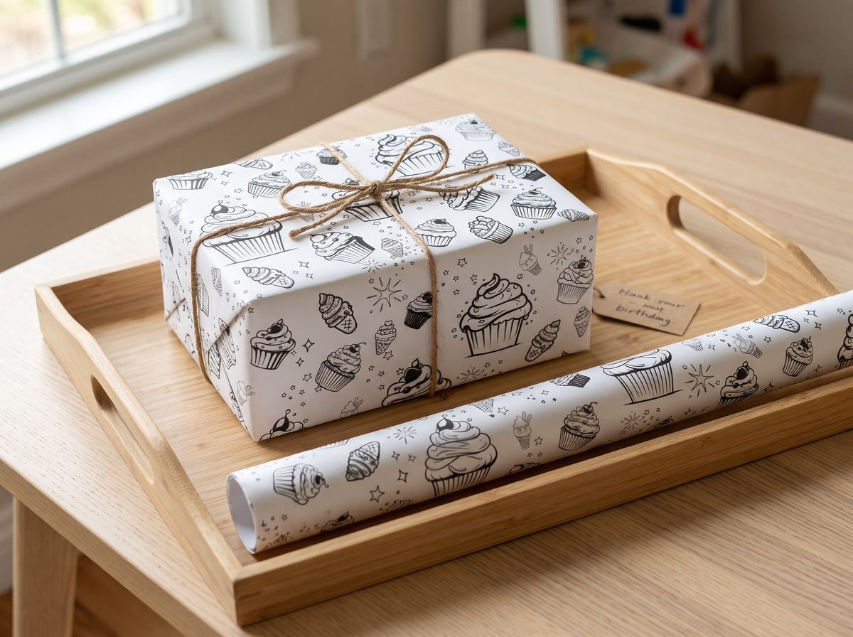 Sweet Treats Sketch — Cupcake & Ice Cream Coloring Wrapping Paper