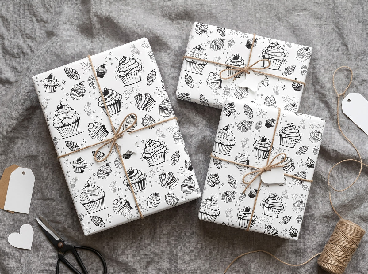Sweet Treats Sketch — Cupcake & Ice Cream Coloring Wrapping Paper