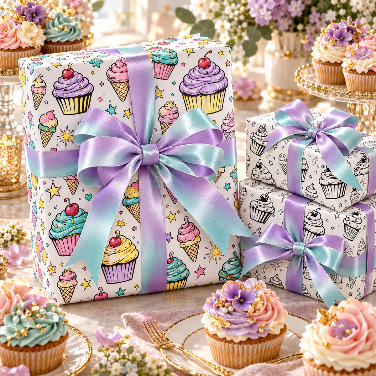 Sweet Treats Sketch — Cupcake & Ice Cream Coloring Wrapping Paper