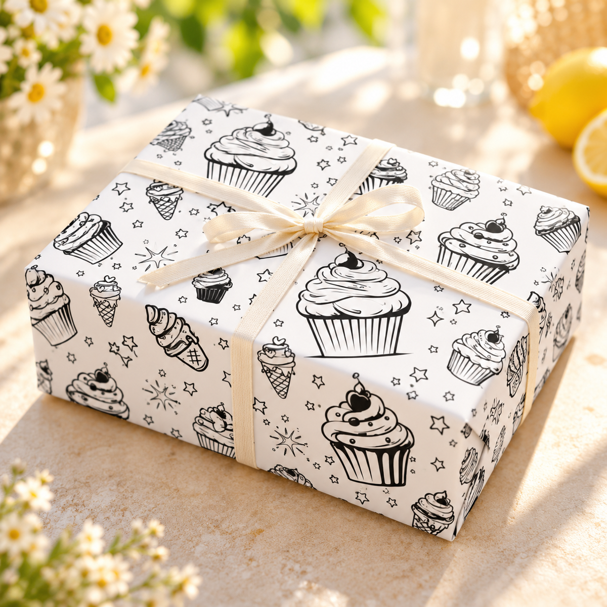 Sweet Treats Sketch — Cupcake & Ice Cream Coloring Wrapping Paper