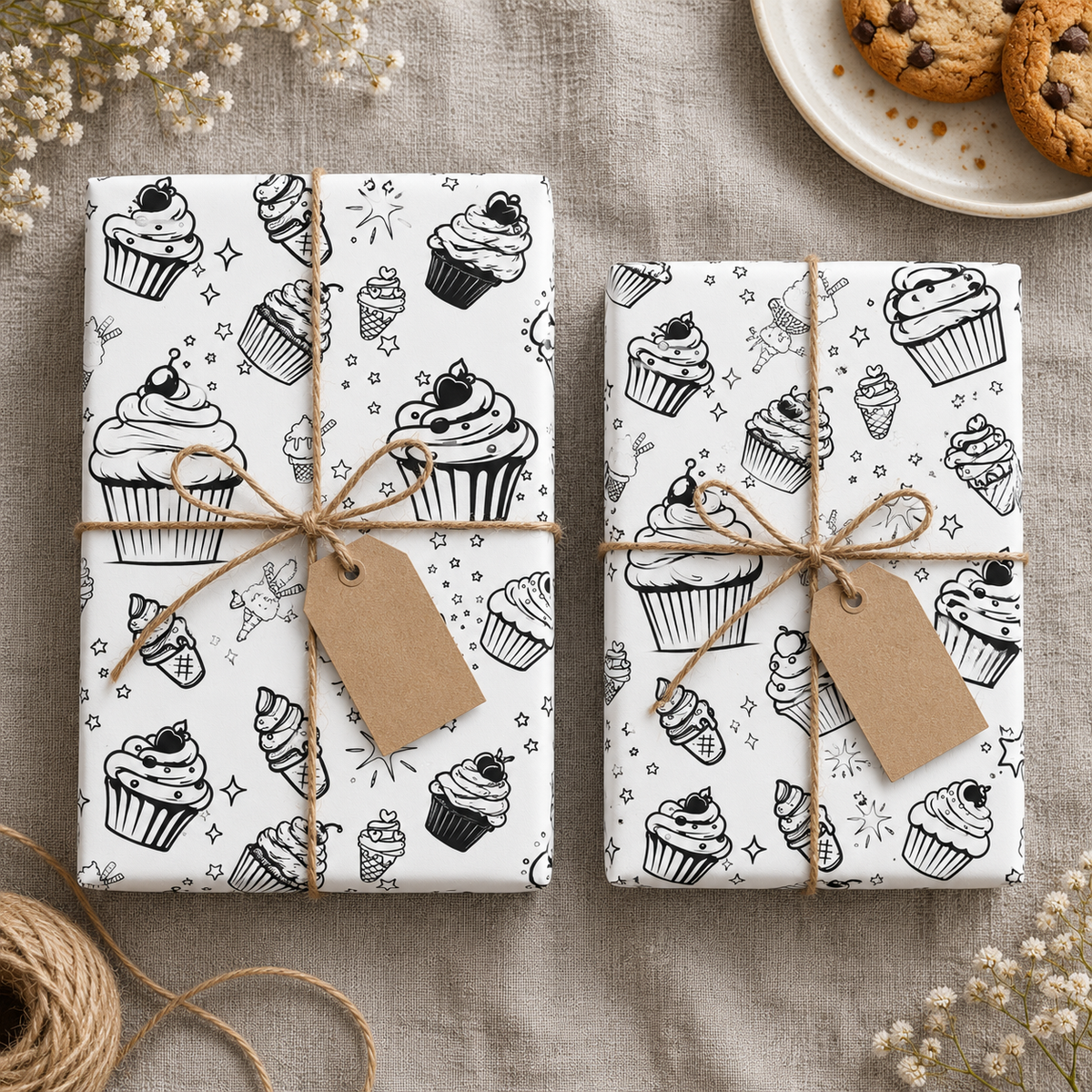 Sweet Treats Sketch — Cupcake & Ice Cream Coloring Wrapping Paper
