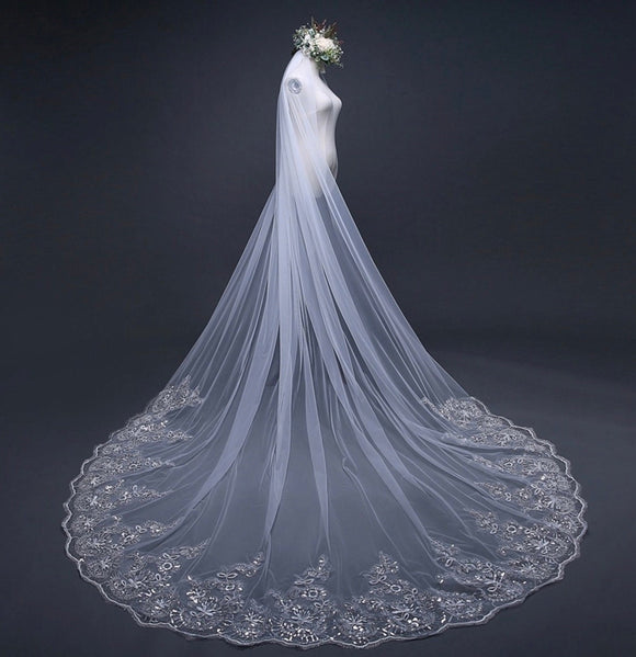 Cathedral Wedding Veil Long Beaded Veil Comb Attached Lace Veil Beautiplex