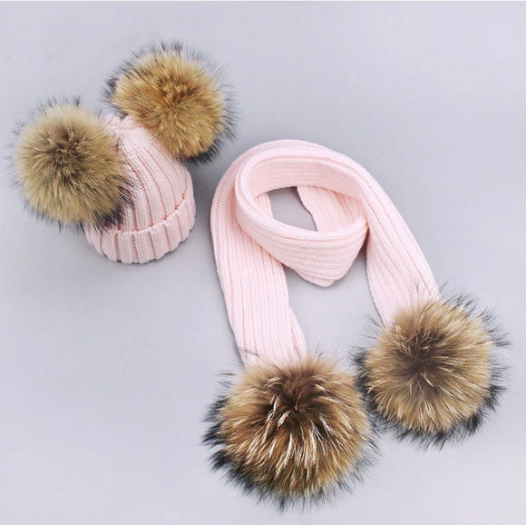 Beautiplex Kid or Adult Real Fur pom pom hat and scarf set