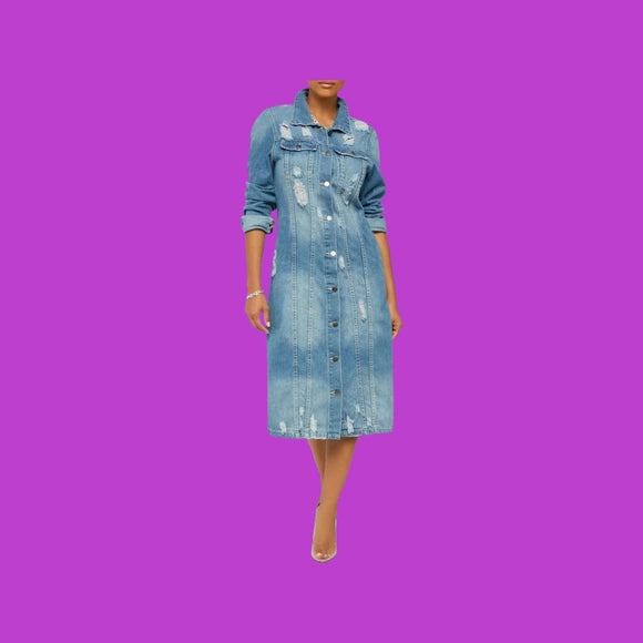 Long Denim Coat Duster Jean Dress Button up Beautiplex