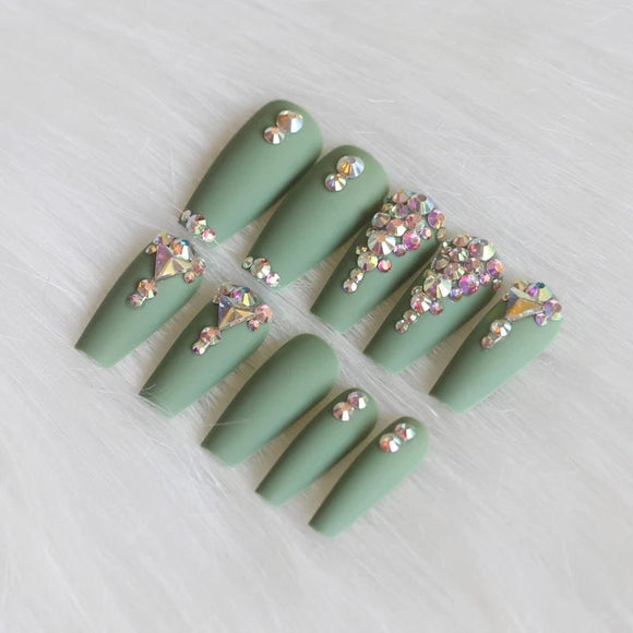 Green Matte Press on Nails Crystal Nail Art Reusable Coffin Shaped Press on Manicure Quick Manicure Beautiplex Beautiful Mani