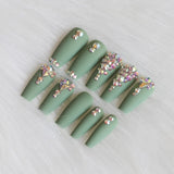 Green Matte Press on Nails Crystal Nail Art Reusable Coffin Shaped Press on Manicure Quick Manicure Beautiplex Beautiful Mani