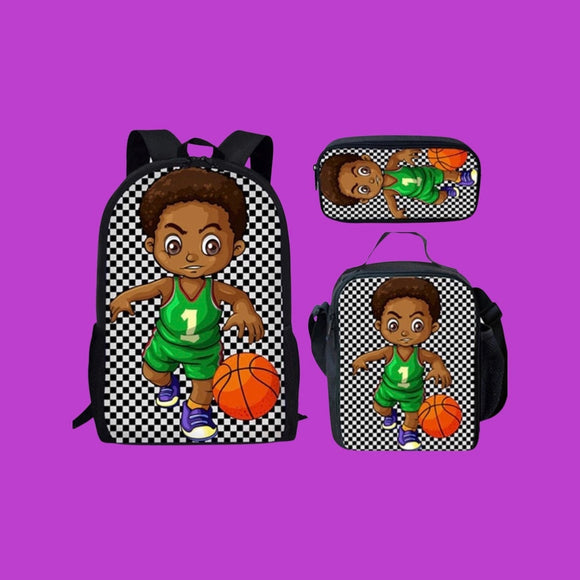 Character Book bag Boy Set Cartoon Backpack Black Boy Joy Bag Basketball Lunchbox Set Back To School Set Pencil Case 3pc. Set Beautiplex