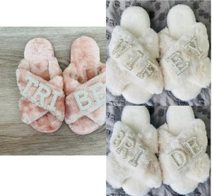 Bridal Slippers Furry Bride Slides Bridesmaid crisscross Fur Slides Bridal Shower Gift Idea Girls Trip Vacation