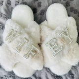 Bridal Slippers Furry Bride Slides Bridesmaid crisscross Fur Slides Bridal Shower Gift Idea Girls Trip Vacation