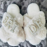 Bridal Slippers Furry Bride Slides Bridesmaid crisscross Fur Slides Bridal Shower Gift Idea Girls Trip Vacation