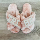 Bridal Slippers Furry Bride Slides Bridesmaid crisscross Fur Slides Bridal Shower Gift Idea Girls Trip Vacation