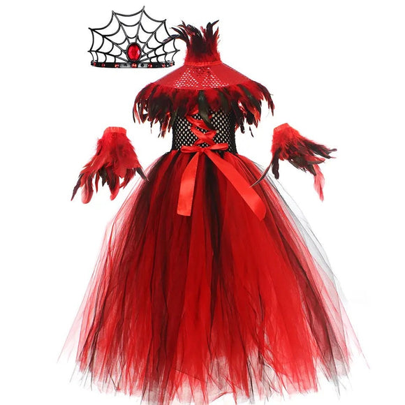 Vampire Queen Costume Halloween Dress Red Tutu Dress with Feathers Vampire Queen Cosplay Girl Costume Dress Halloween Complete Costume