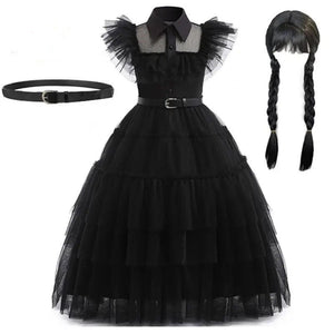 Wednesday Cosplay Girl Adams Family Halloween Costume Movie Character Birthday Dress Up Black Tulle Dress Beautiplex