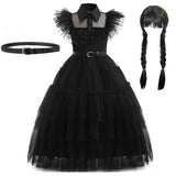 Wednesday Cosplay Girl Adams Family Halloween Costume Movie Character Birthday Dress Up Black Tulle Dress Beautiplex