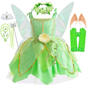 Green Fairy Princess Costume Tinkerbell Kids Costume Dress Wings Complete Costume Beautiful Fairy Dress Halloween Cosplay Tink