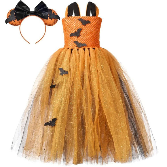 Halloween tulle Dress Orange Bat Girl Costume Mouse Ear Headband Halloween 2023 Kids Cosplay Tutu Costume