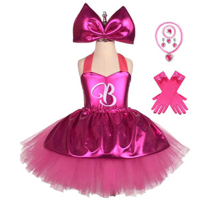 Pink Barbie Costume Birthday Dress Girls Barbie Movie Costume Kid Cosplay Tulle Dress Tutu Halloween 2023 Complete Costume